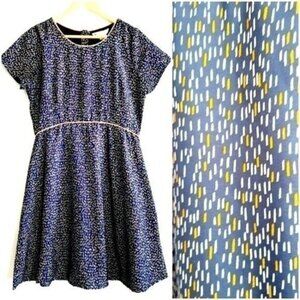 YUMI | Fit & Flare Short Slv Summer Tea Dress Navy Blue Yellow & White Sz 10 L